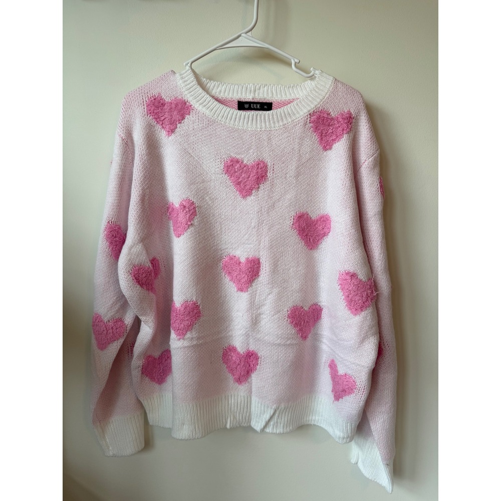 UUE Pink White Heart Print Knit Sweater XL Crew Neck Long Sleeve Pullover Tops